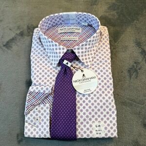 Nick Graham Stretch Modern Fit Dress Shirt & Tie Set Purple Geo Print Mens Large